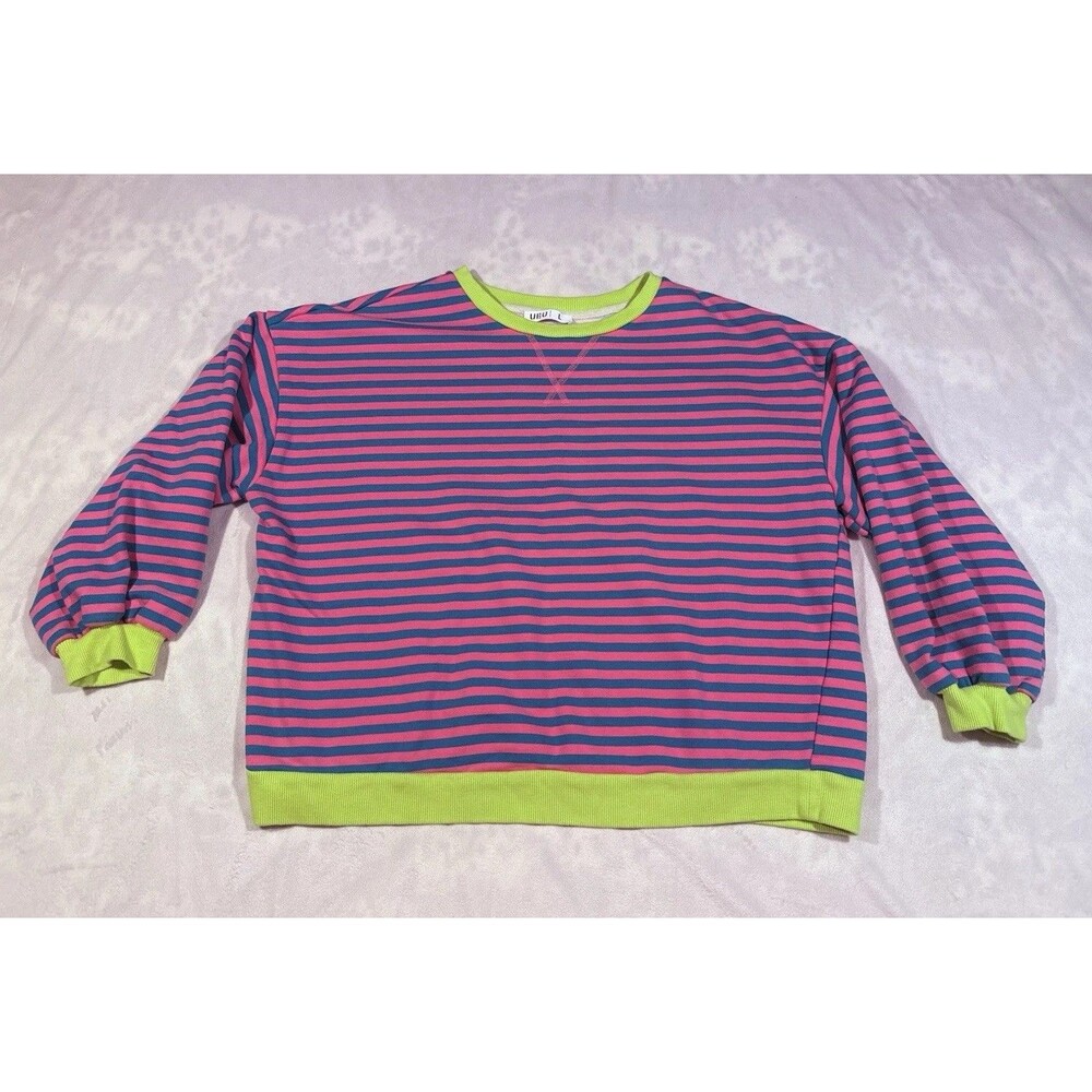 UEU Womans L Striped Crew Neck Long Sleeve Pullover Sweatshirt Pink Blue Neon